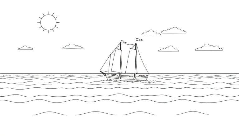 Dessin au trait d'un voilier sur une mer agitée sous un soleil et des nuages dans un color panel.