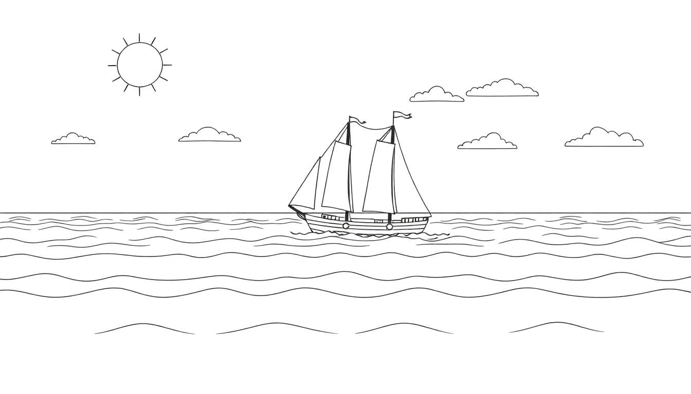 Dessin au trait d'un voilier sur une mer agitée sous un soleil et des nuages dans un color panel.