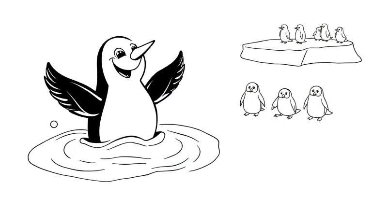 Un pingouin nage joyeusement avec ses amis sur la glace en arrière-plan, dans un style color panel.