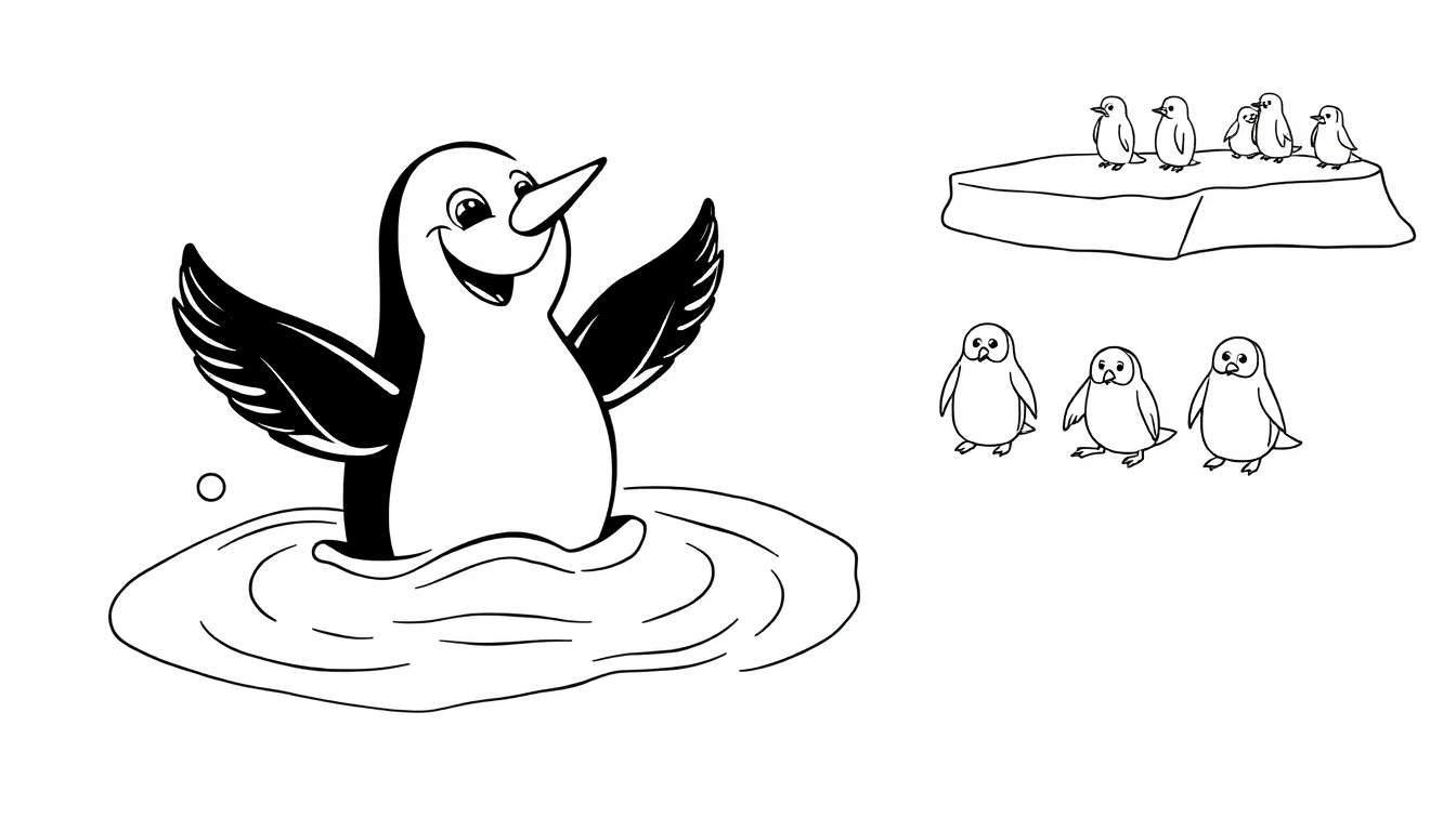 Un pingouin nage joyeusement avec ses amis sur la glace en arrière-plan, dans un style color panel.