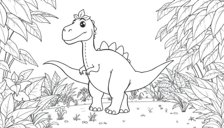 Dessin au trait d'un jeune stégosaure amical entouré de végétation luxuriante, page de coloriage pour enfants.
