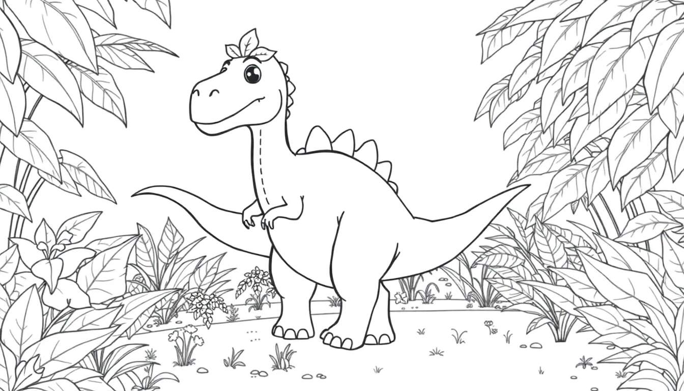 Dessin au trait d'un jeune stégosaure amical entouré de végétation luxuriante, page de coloriage pour enfants.