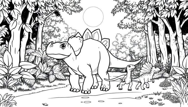 Dessin au trait d'un stégosaure avec deux jeunes vélociraptors dans une forêt préhistorique, idéal pour un coloriage.
