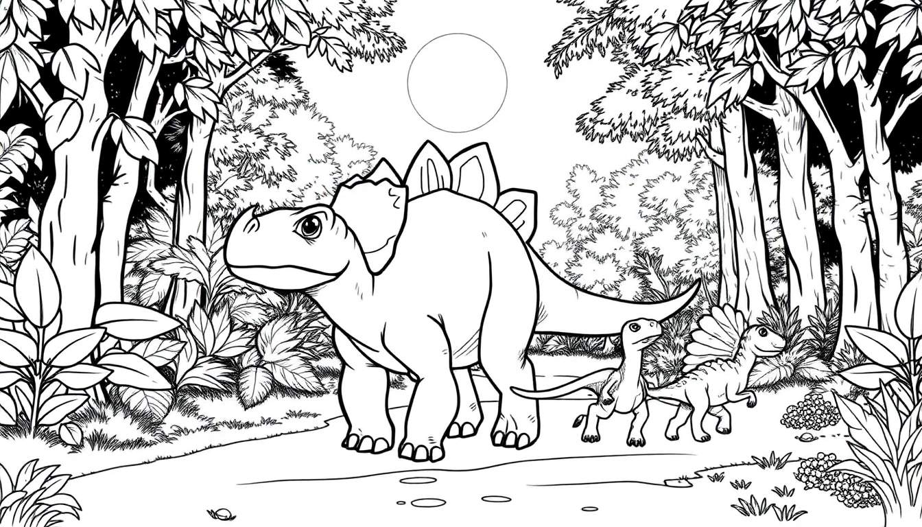 Dessin au trait d'un stégosaure avec deux jeunes vélociraptors dans une forêt préhistorique, idéal pour un coloriage.