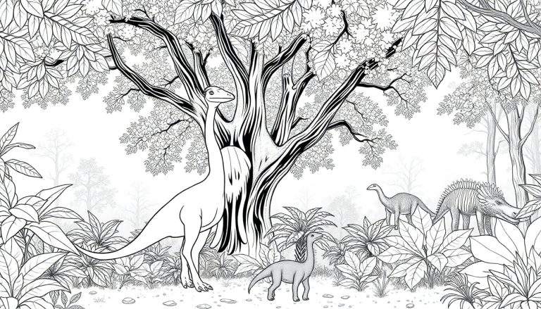 Un dessin au trait en noir et blanc d'un paysage préhistorique avec des dinosaures.