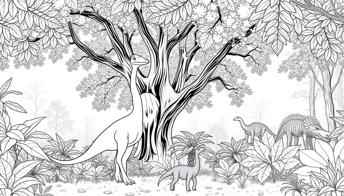 Un dessin au trait en noir et blanc d'un paysage préhistorique avec des dinosaures.