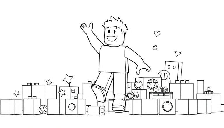 Personnage Roblox souriant levant la main dans un paysage urbain avec des blocs, un cœur et une étoile. Le color panel est visible dans les détails.
