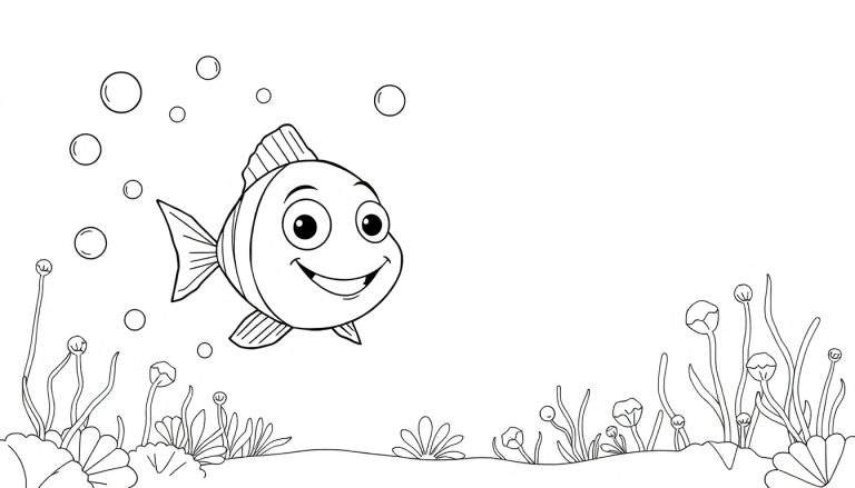 Un poisson souriant nage dans un décor sous-marin coloré avec des bulles et des plantes marines, prêt à être colorié.