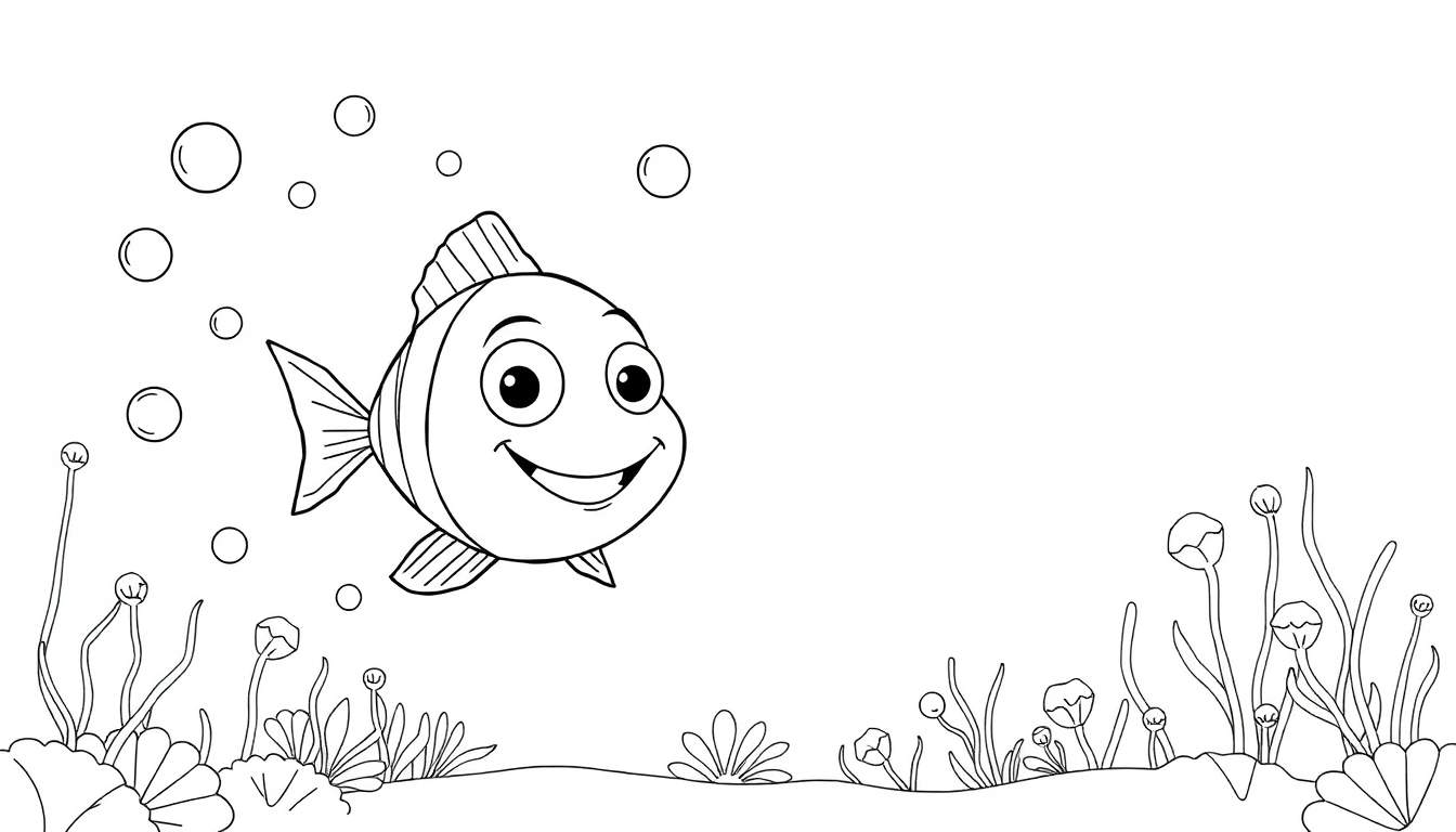 Un poisson souriant nage dans un décor sous-marin coloré avec des bulles et des plantes marines, prêt à être colorié.