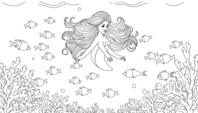 Une illustration de coloriage d'une sirène nageant avec des poissons et des coraux.