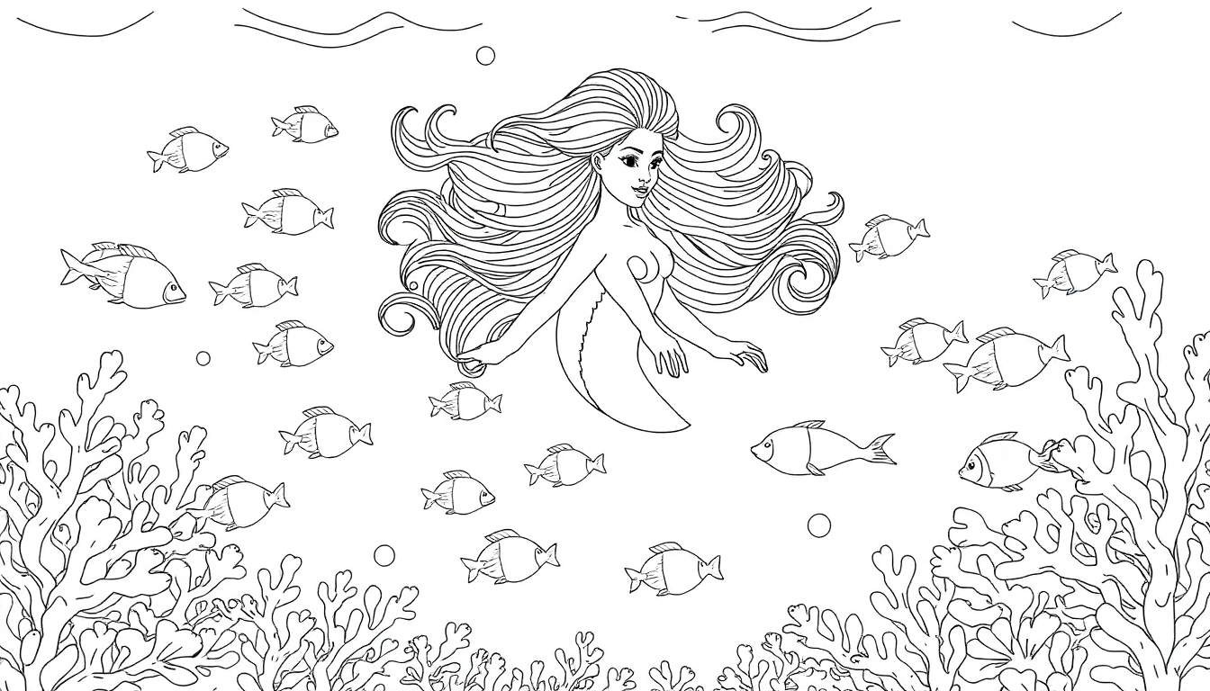 Une illustration de coloriage d'une sirène nageant avec des poissons et des coraux.