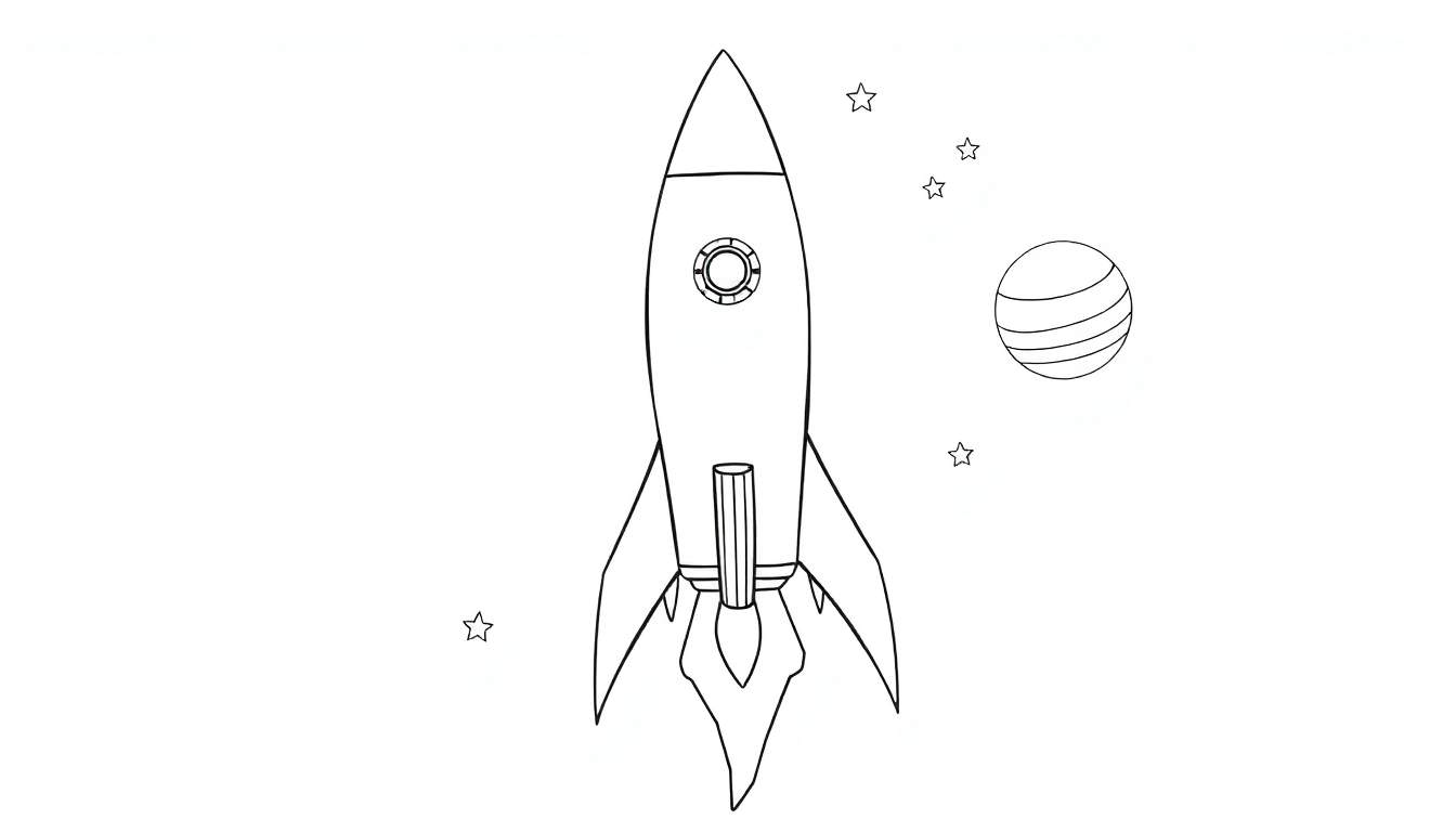Dessin au trait d'une fusée color panel, d'étoiles et d'une planète.