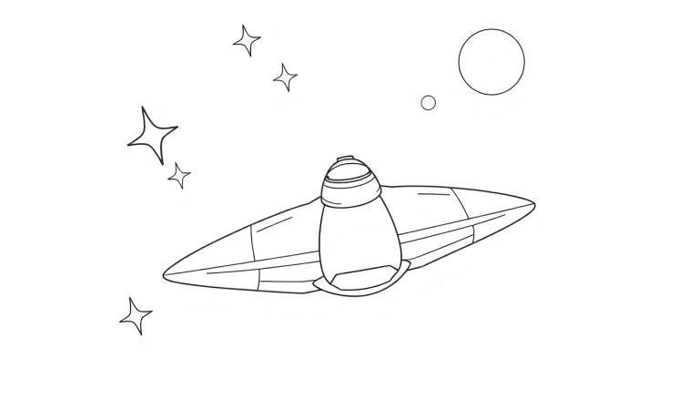 Un vaisseau spatial dessiné au trait dans l'espace avec des étoiles et des planètes.
