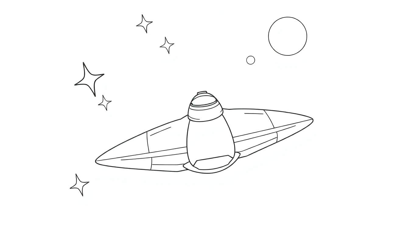 Un vaisseau spatial dessiné au trait dans l'espace avec des étoiles et des planètes.