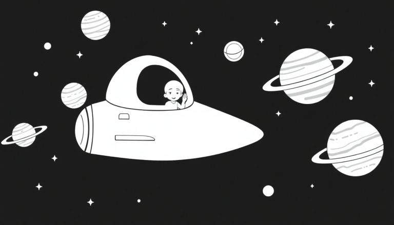 Un enfant pilote un vaisseau spatial futuriste, saluant dans l'espace étoilé avec des planètes colorées en arrière-plan.