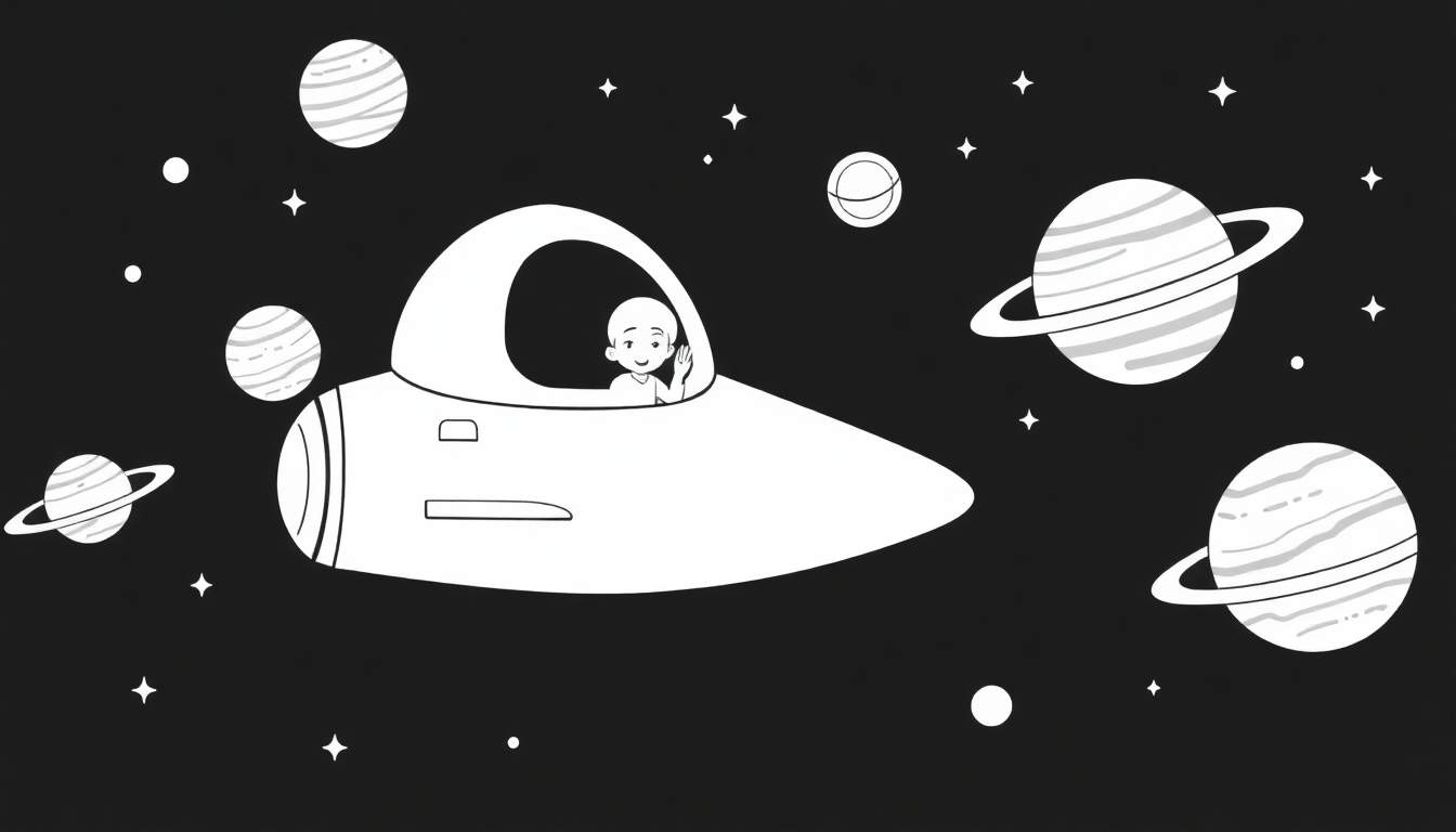 Un enfant pilote un vaisseau spatial futuriste, saluant dans l'espace étoilé avec des planètes colorées en arrière-plan.