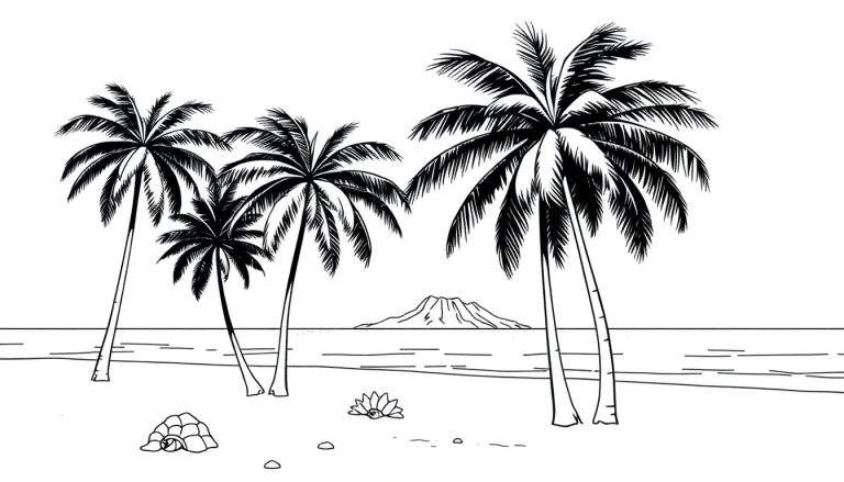 Paysage tropical en noir et blanc avec des palmiers, une montagne et une tortue, comme pour un color panel.