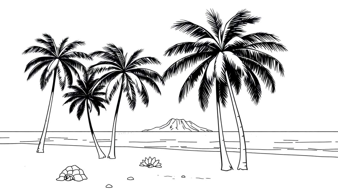 Paysage tropical en noir et blanc avec des palmiers, une montagne et une tortue, comme pour un color panel.