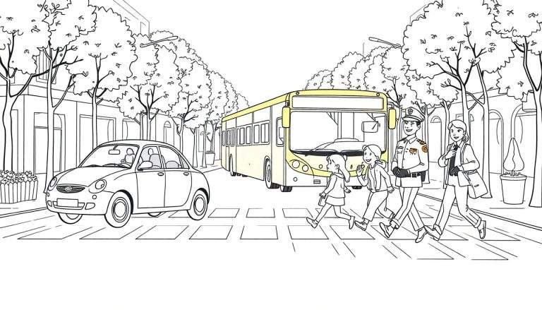 Dessin au trait d'une scène de rue avec un bus jaune, une voiture rouge, des piétons et un policier souriant à un passage clouté, conçu pour un color panel.