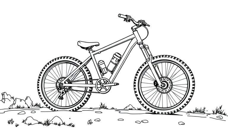 Page de coloriage de vélo tout-terrain pour enfants, avec gros pneus et suspension.