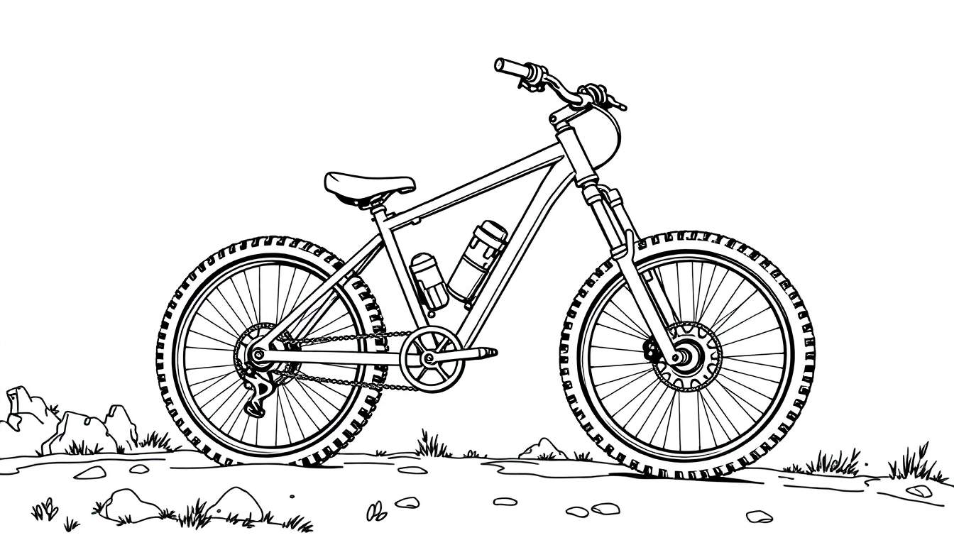 Page de coloriage de vélo tout-terrain pour enfants, avec gros pneus et suspension.