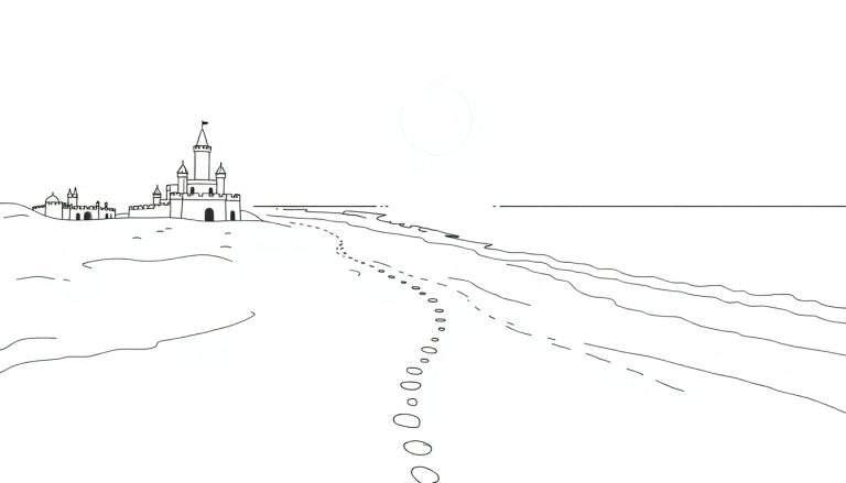 Dessin d'un château sur une dune avec une plage et la mer.