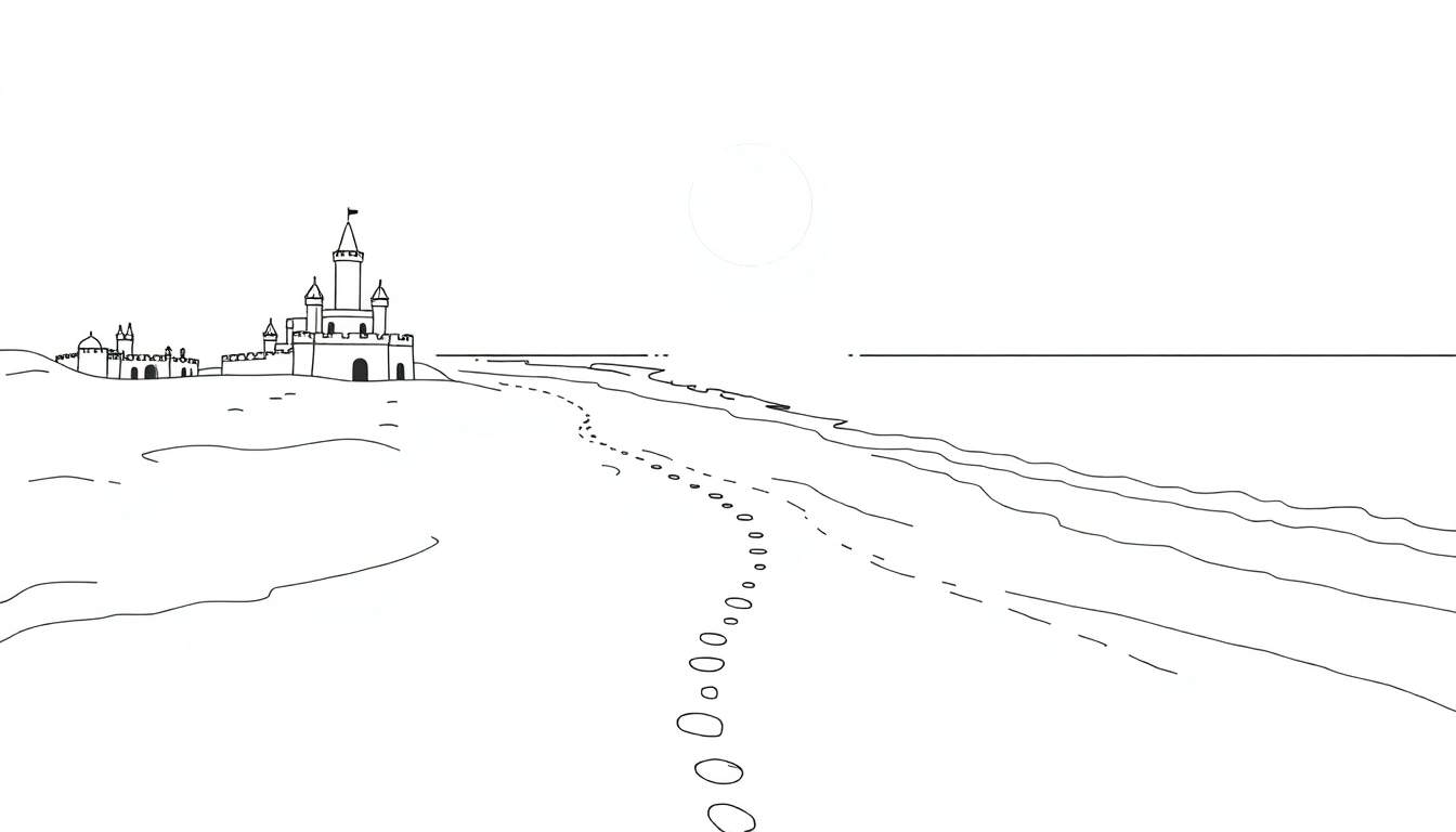 Dessin d'un château sur une dune avec une plage et la mer.