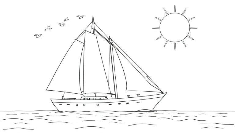Un voilier avec trois voiles naviguant sur un océan sous un soleil éclatant, avec des oiseaux en vol. Le dessin au trait inclut des hublots sur la coque et des lignes ondulées pour représenter l'eau.
