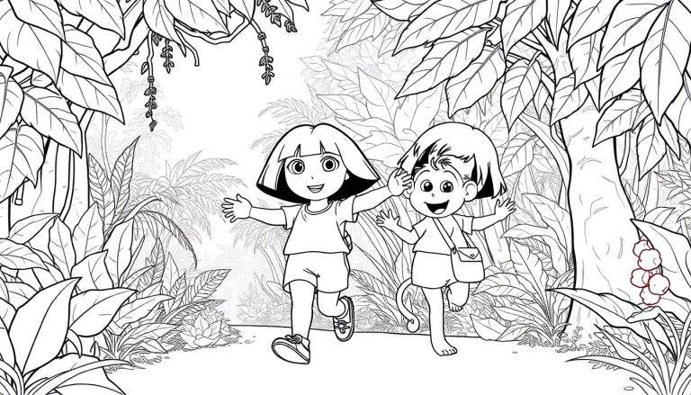Dora l'Exploratrice et Babouche le singe courent dans une jungle dense. Dora sourit, Babouche porte une sacoche. Le dessin est en noir et blanc, parfait pour un color panel.