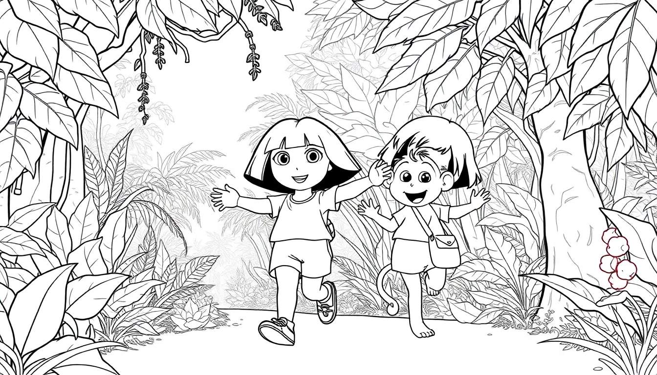 Dora l'Exploratrice et Babouche le singe courent dans une jungle dense. Dora sourit, Babouche porte une sacoche. Le dessin est en noir et blanc, parfait pour un color panel.