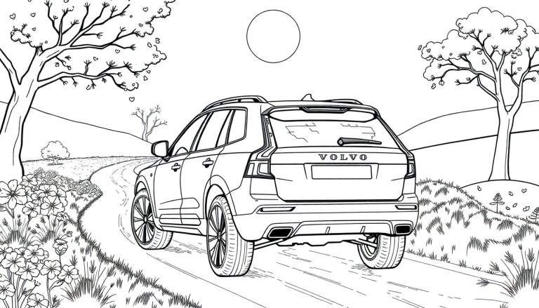 Dessin au trait d'une Volvo sur une route de campagne, avec des arbres en forme de cœur.