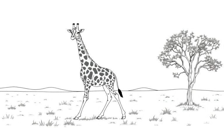 Dessin au trait d'une girafe dans la savane, avec un arbre et des collines en arrière-plan, prêt pour le coloriage.