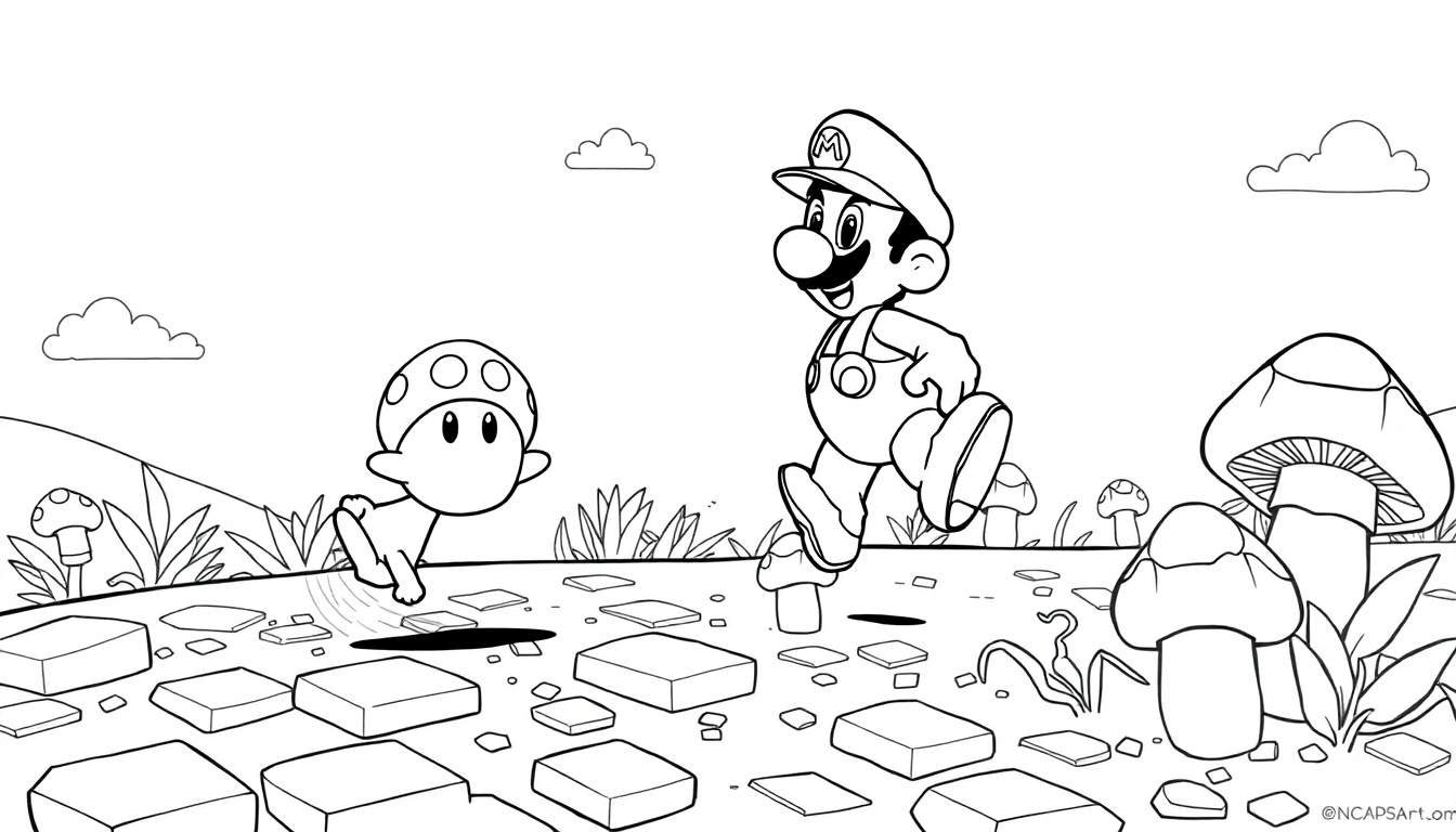 Dessin au trait de Mario sautant par-dessus un champignon, avec un Toad qui regarde, dans le style de Super Mario Bros.
