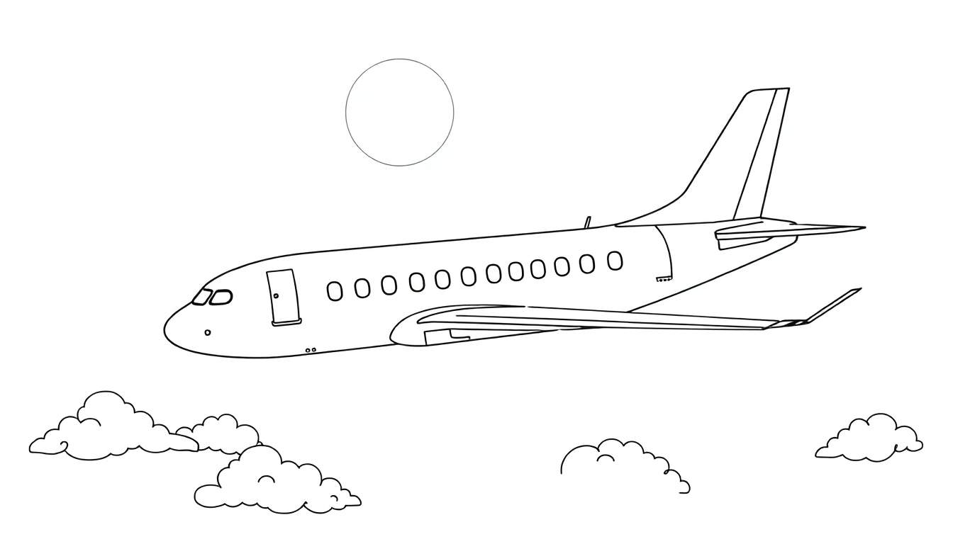 Un avion en dessin au trait vole au-dessus des nuages, avec un cercle représentant la lune ou le soleil. Prêt à être coloré avec votre color panel.
