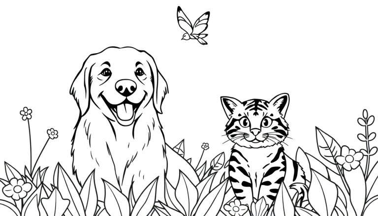 Dessin au trait d'un chien Golden Retriever souriant à côté d'un chat tigré, avec un papillon volant au-dessus, dans un jardin fleuri. Un color panel pour les enfants.