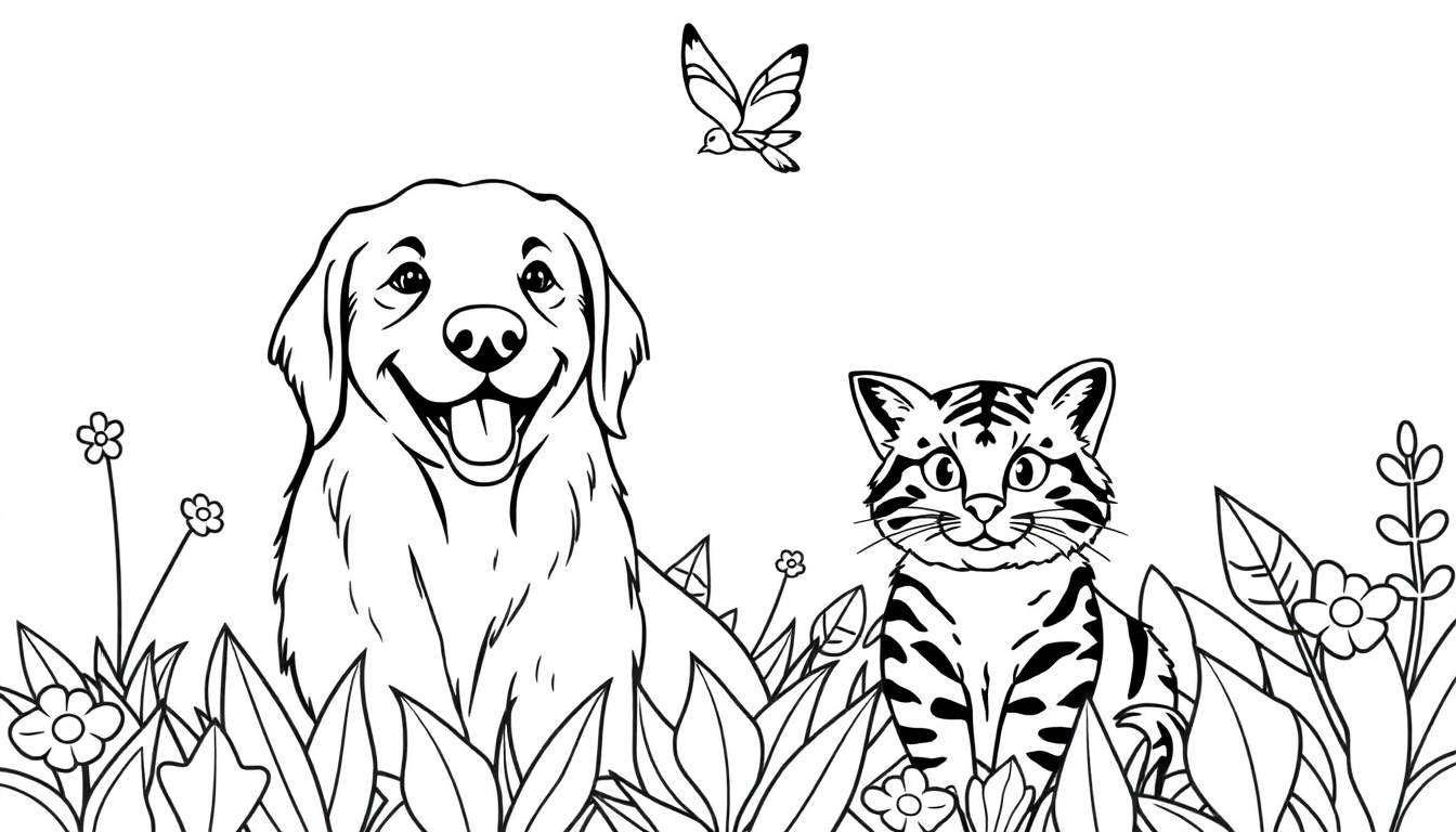 Dessin au trait d'un chien Golden Retriever souriant à côté d'un chat tigré, avec un papillon volant au-dessus, dans un jardin fleuri. Un color panel pour les enfants.