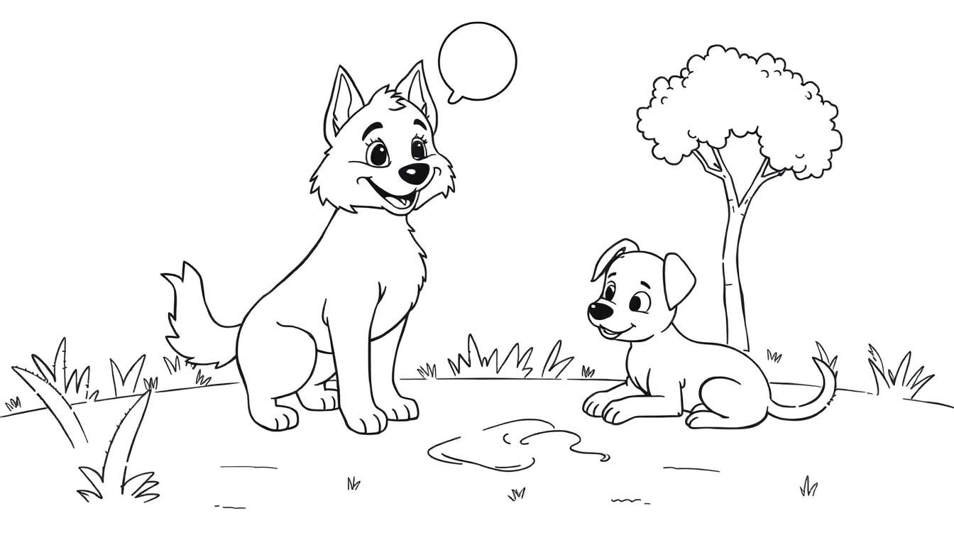 Color panel illustration of two dogs, a large German Shepherd-like dog and a smaller puppy, in an outdoor setting with a puddle.
