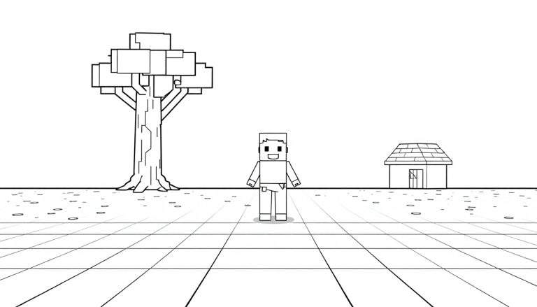 Personnage de Minecraft à côté d'un arbre et d'une maison sur un sol à carreaux.