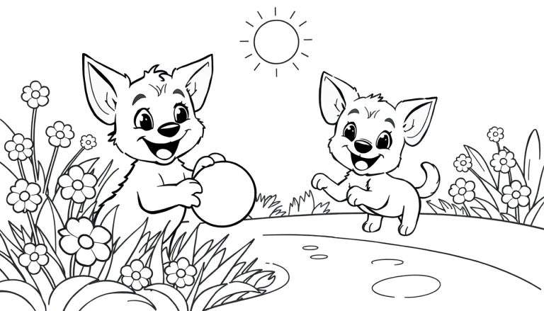 Une page à colorier avec deux chiots joyeux jouant dans un jardin ensoleillé.