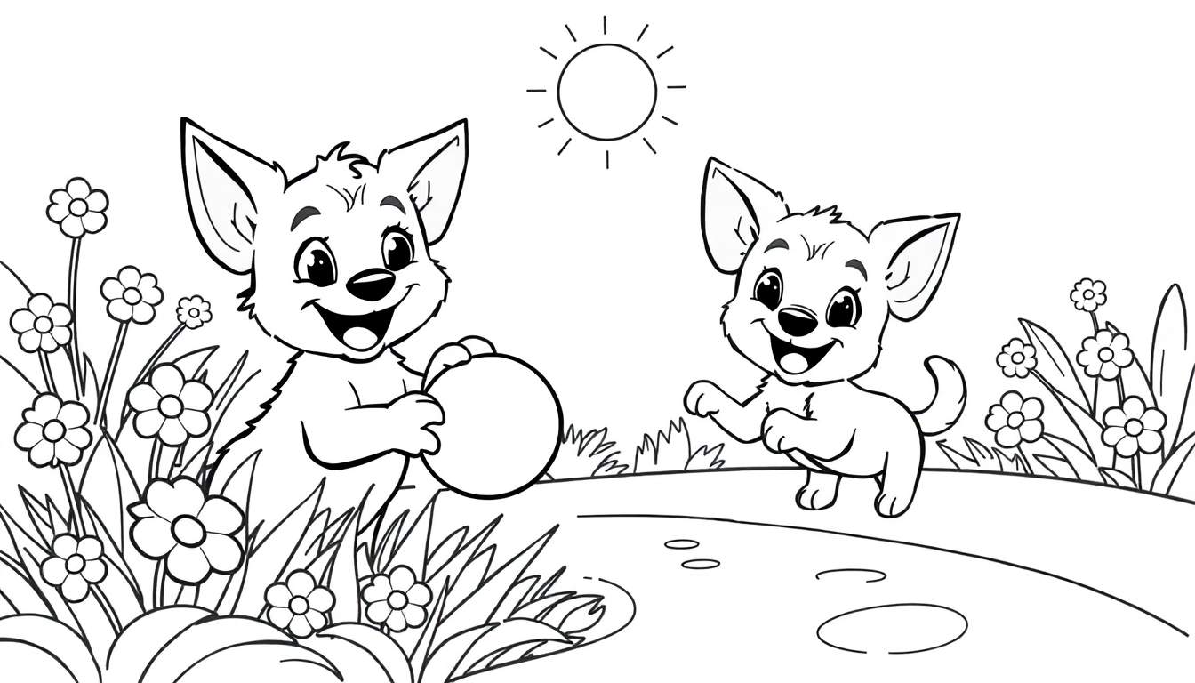Une page à colorier avec deux chiots joyeux jouant dans un jardin ensoleillé.
