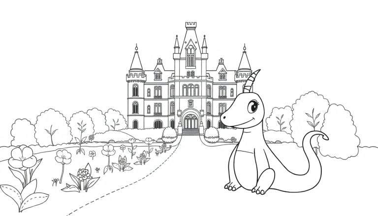 Un château de conte de fées avec un dragon de dessin animé, style page à colorier, color panel.
