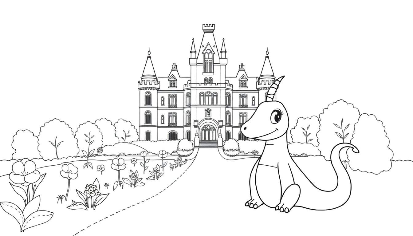 Un château de conte de fées avec un dragon de dessin animé, style page à colorier, color panel.