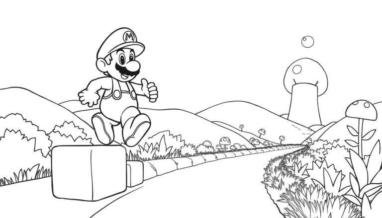 Mario saute sur des blocs dans un paysage de jeu vidéo coloré avec des champignons et une bulle, un color panel classique de Super Mario.
