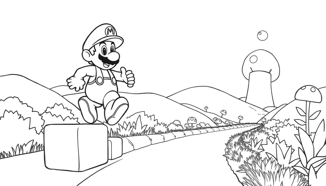 Mario saute sur des blocs dans un paysage de jeu vidéo coloré avec des champignons et une bulle, un color panel classique de Super Mario.