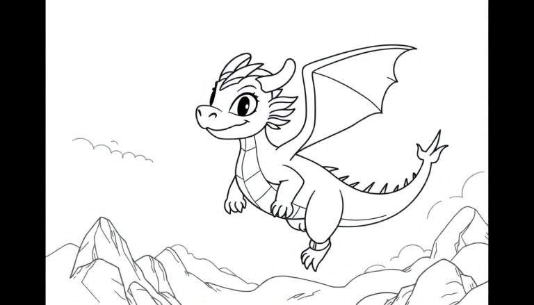 Mushu le dragon mignon vole au-dessus des montagnes, prêt à être coloré dans ce panneau de coloriage.