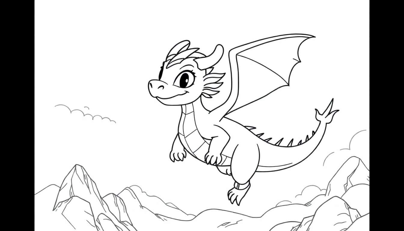 Mushu le dragon mignon vole au-dessus des montagnes, prêt à être coloré dans ce panneau de coloriage.