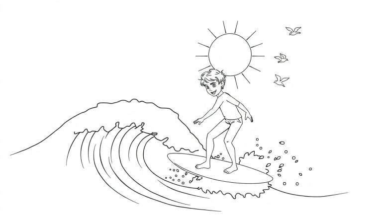 Dessin au trait d'un jeune garçon faisant du surf sur une vague, avec un soleil et des oiseaux dans le ciel. Idéal pour un coloriage.