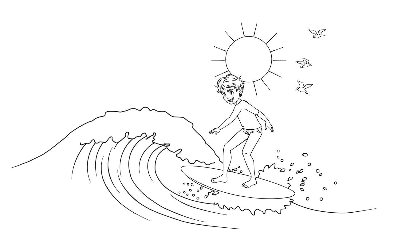 Dessin au trait d'un jeune garçon faisant du surf sur une vague, avec un soleil et des oiseaux dans le ciel. Idéal pour un coloriage.