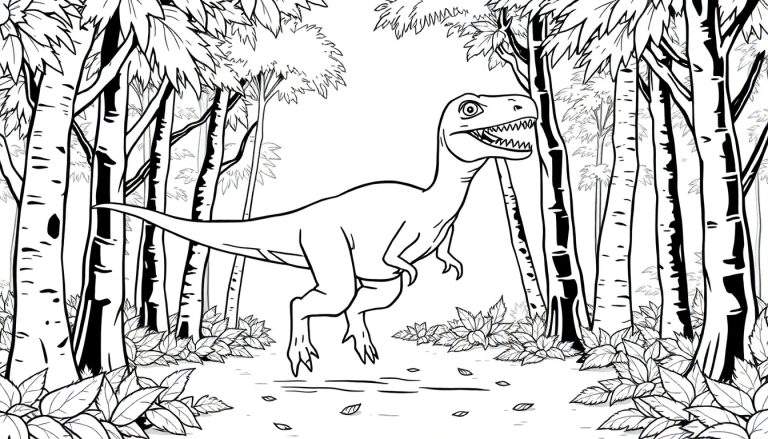 Un dinosaure T-Rex colorable dans une forêt dessinée au trait.
