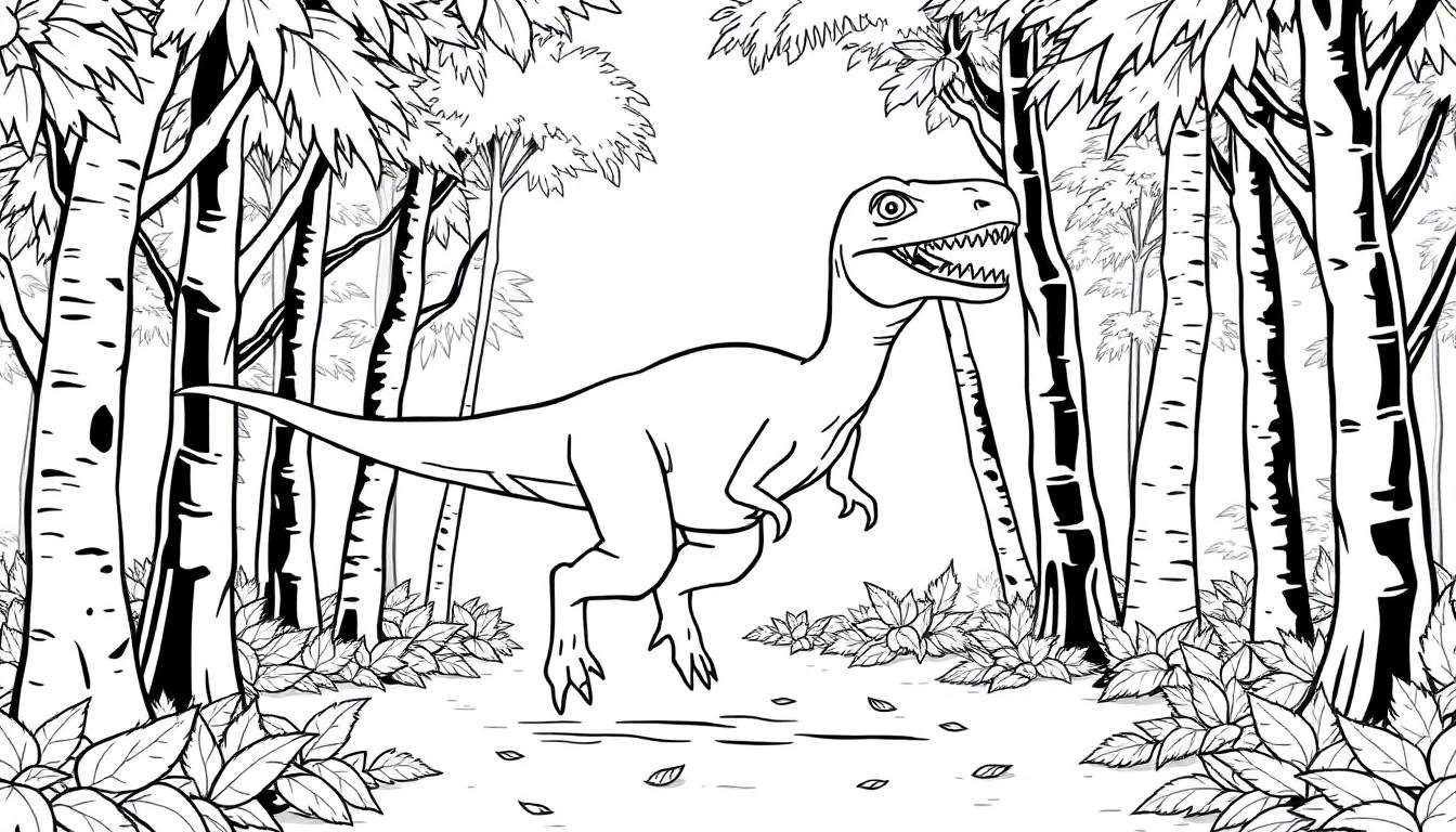 Un dinosaure T-Rex colorable dans une forêt dessinée au trait.